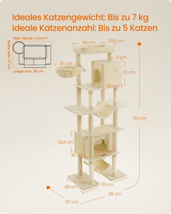 Kissojen raapimapuu, Feandrea Kissapuu XXL, 78x48x201 cm, Beige