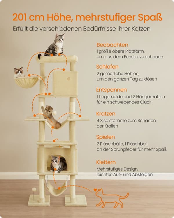 Kissojen raapimapuu, Feandrea Kissapuu XXL, 78x48x201 cm, Beige