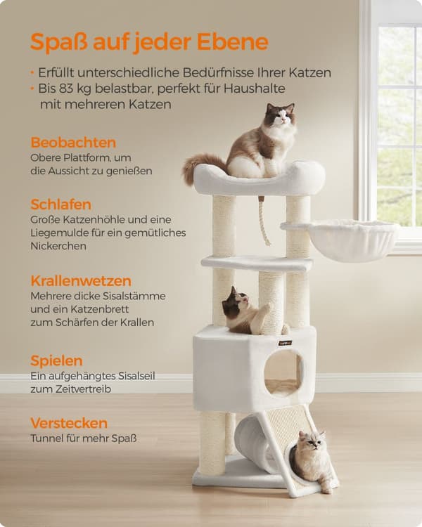 Katte træ, Feandrea Stor, 50 x 50 x 141 cm, Creme hvid.