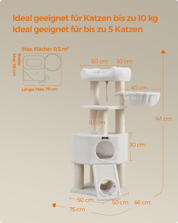 Katte træ, Feandrea Stor, 50 x 50 x 141 cm, Creme hvid.