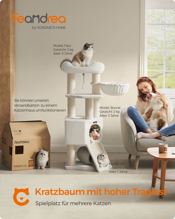 Katte træ, Feandrea Stor, 50 x 50 x 141 cm, Creme hvid.