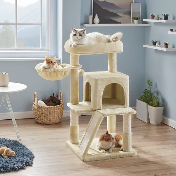 Krabpaal, krabpaal met groot platform, kattenkrabpaal met grot en hangmand