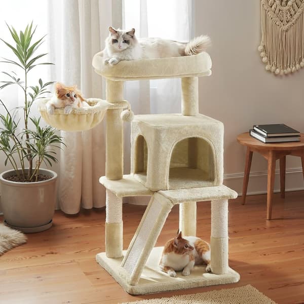 Krabpaal, krabpaal met groot platform, kattenkrabpaal met grot en hangmand