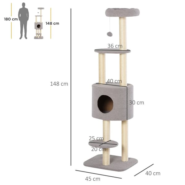 Rootz Cat Scratching Post With Cave - Sisal Tree - Feline Playground - skyddar möbler - 45x40x148cm