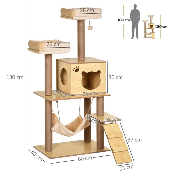Rootz Contemporary Cat Tree - Scratch Boards - Nature -Sisal - Plush Comfort - 60 cm x 40 cm x 130 cm
