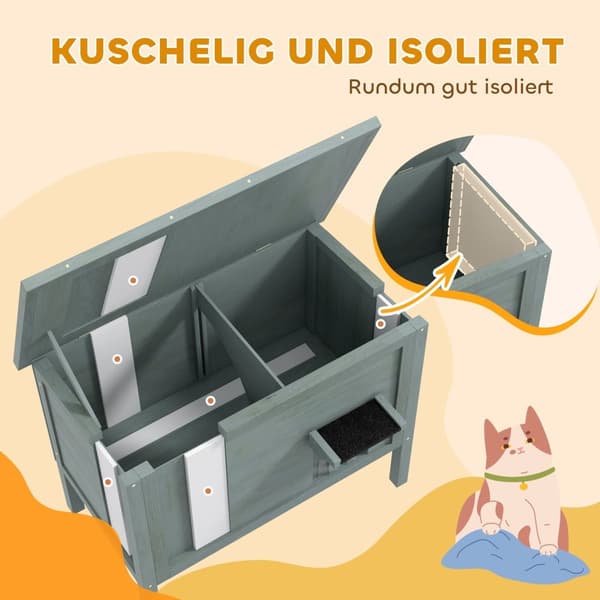 Rootz Outdoor Cat House - Katzenhaus - Vejrbestandig Katzenhüte - Hyggelig isolering - 85 cm x 50 cm x 68,5 cm grå+sort