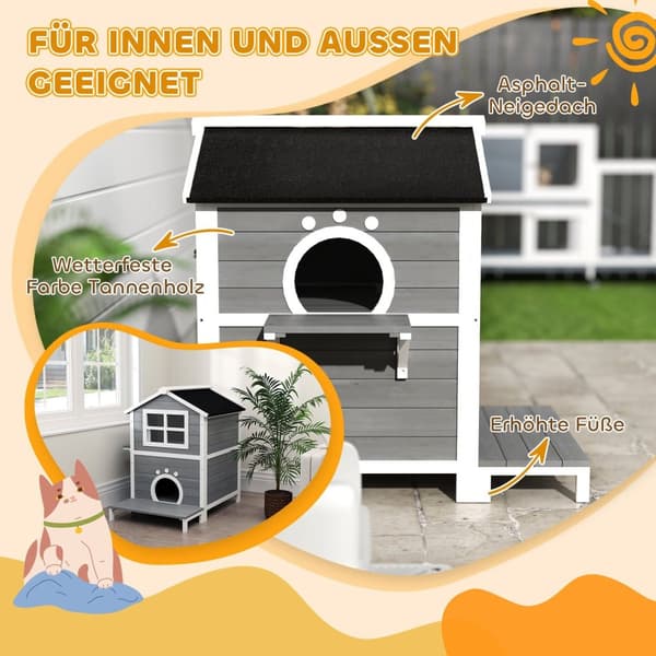 Rootz Outdoor Cat House - Säänkestävä suoja - Kitty -huoneisto - 2 tasoa - Irrotettava lattia - 66 cm x 66 cm x 90cm - harmaa valkoinen