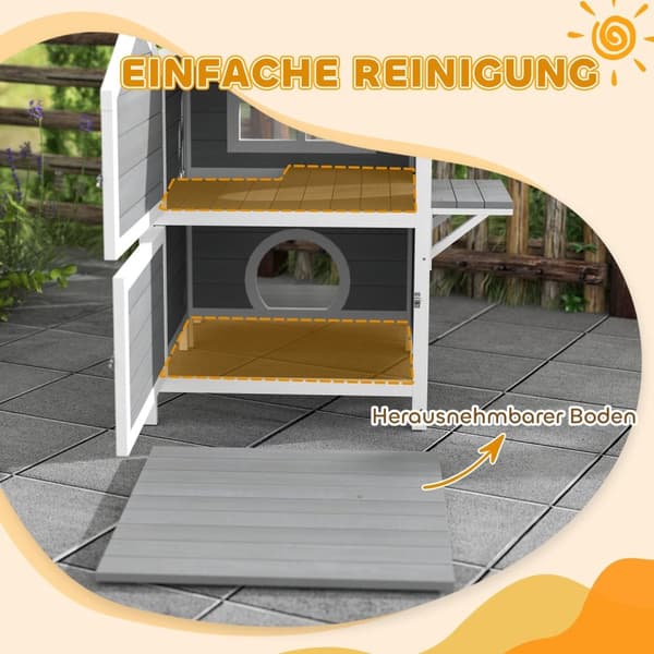 Rootz Outdoor Cat House - Säänkestävä suoja - Kitty -huoneisto - 2 tasoa - Irrotettava lattia - 66 cm x 66 cm x 90cm - harmaa valkoinen