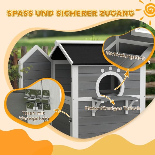 Rootz Outdoor Cat House - Säänkestävä suoja - Kitty -huoneisto - 2 tasoa - Irrotettava lattia - 66 cm x 66 cm x 90cm - harmaa valkoinen