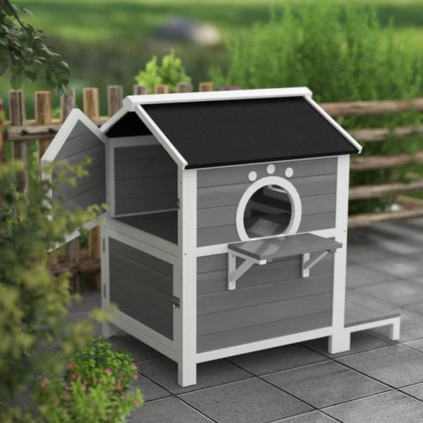 Rootz Outdoor Cat House - Säänkestävä suoja - Kitty -huoneisto - 2 tasoa - Irrotettava lattia - 66 cm x 66 cm x 90cm - harmaa valkoinen