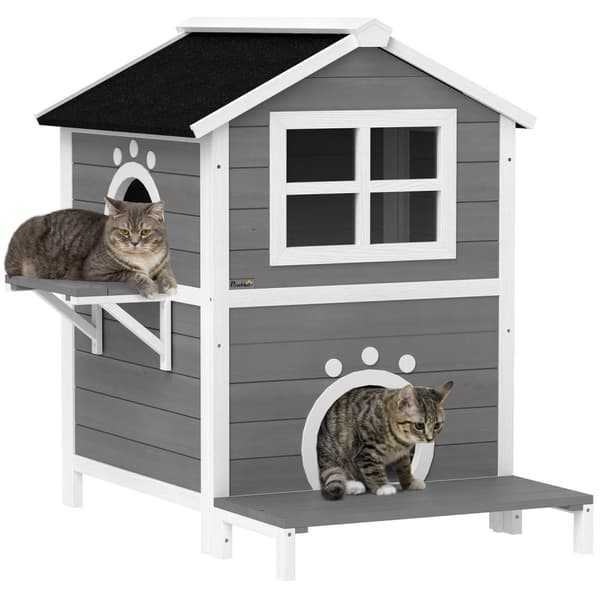 Rootz Outdoor Cat House - Säänkestävä suoja - Kitty -huoneisto - 2 tasoa - Irrotettava lattia - 66 cm x 66 cm x 90cm - harmaa valkoinen