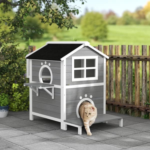 Rootz Outdoor Cat House - Säänkestävä suoja - Kitty -huoneisto - 2 tasoa - Irrotettava lattia - 66 cm x 66 cm x 90cm - harmaa valkoinen