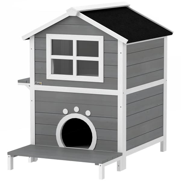 Rootz Outdoor Cat House - Weatherproof Shelter - Kitty Condo - 2 nivåer - Borttagbart golv - 66 cm x 66 cm x 90 cm - Grå vit