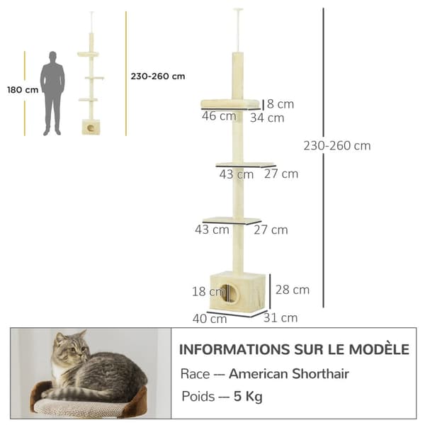 Rootz Scratching Tree Sisal Stem - Cat Tower - Activity Playhouse - Højdejusterbar - 4 niveauer - 40b x 31t x 230-260h cm
