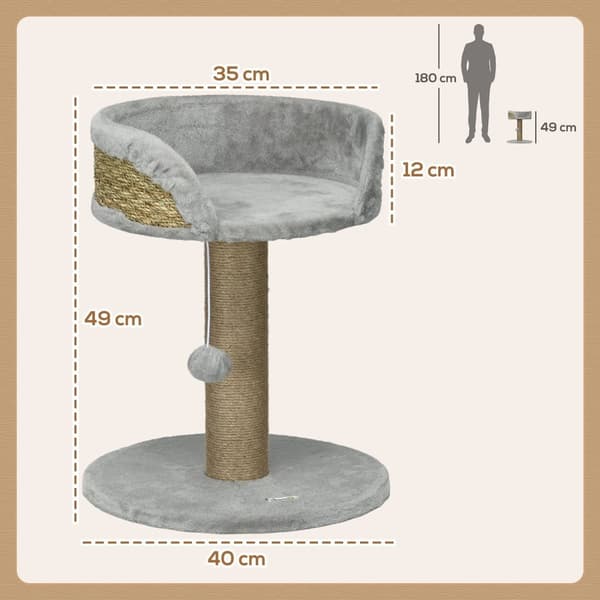 Rootz Scratching Tree Cat Bed - Cat Basket - Play Ball - Mjuk plyschkomfort - 40 cm x 40 cm x 49 cm - Grå, brun