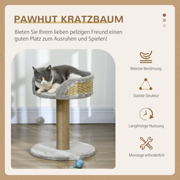 Rootz Scratching Tree Cat Bed - Cat Basket - Play Ball - Mjuk plyschkomfort - 40 cm x 40 cm x 49 cm - Grå, brun