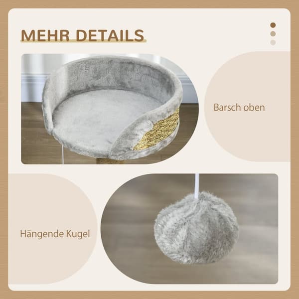 Rootz Scratching Tree Cat Bed - Cat Basket - Play Ball - Mjuk plyschkomfort - 40 cm x 40 cm x 49 cm - Grå, brun