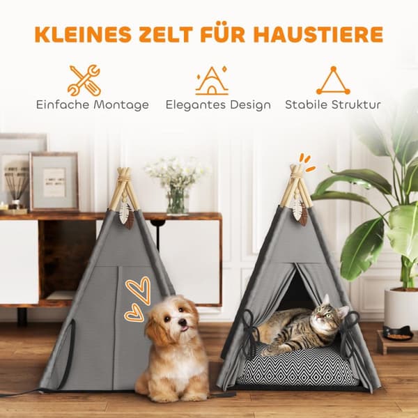 Lemmikkien teltta, tipi, 60x60x76 cm, harmaa
