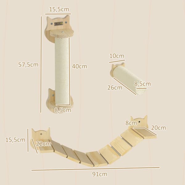 Kattklätterväggset, Steg: Ø10x27,5 cm, Klöspelare: 15,5x12,5x57,5 cm, Stege: 91x22x15,5 cm, Naturträ
