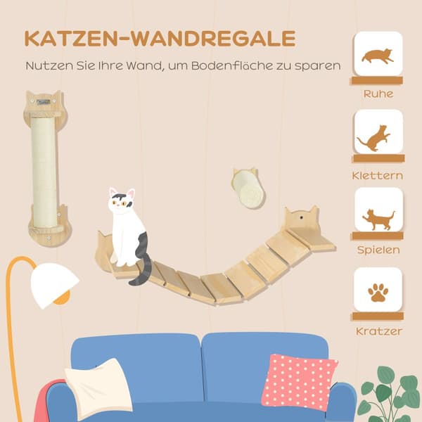 Kattklätterväggset, Steg: Ø10x27,5 cm, Klöspelare: 15,5x12,5x57,5 cm, Stege: 91x22x15,5 cm, Naturträ