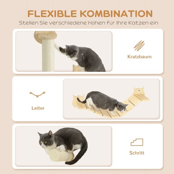 Kattklätterväggset, Steg: Ø10x27,5 cm, Klöspelare: 15,5x12,5x57,5 cm, Stege: 91x22x15,5 cm, Naturträ