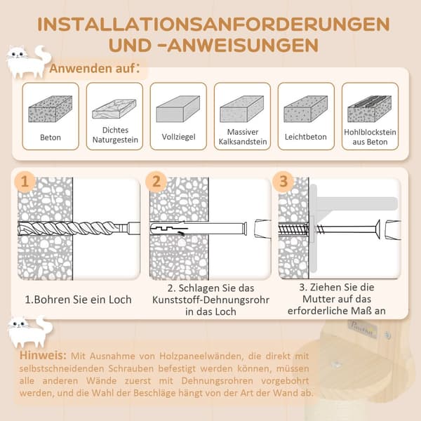 Kattklätterväggset, Steg: Ø10x27,5 cm, Klöspelare: 15,5x12,5x57,5 cm, Stege: 91x22x15,5 cm, Naturträ