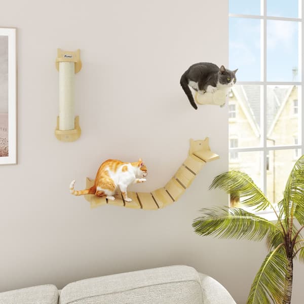 Kattklätterväggset, Steg: Ø10x27,5 cm, Klöspelare: 15,5x12,5x57,5 cm, Stege: 91x22x15,5 cm, Naturträ