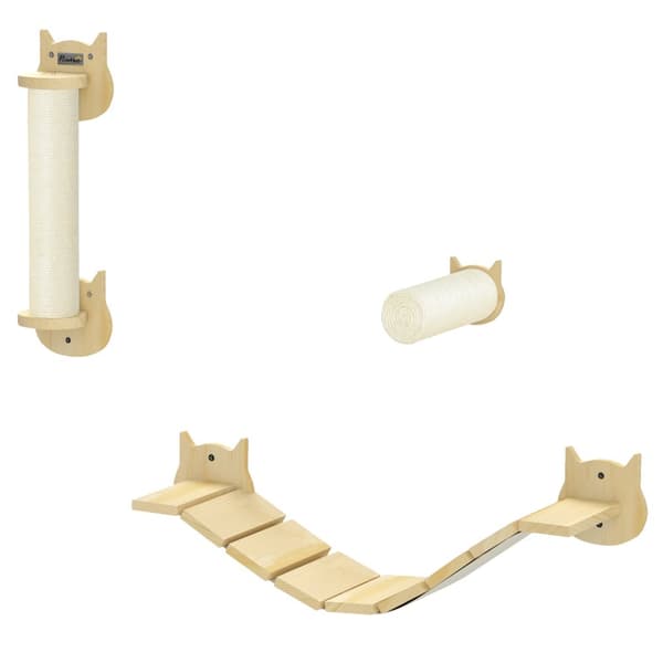 Kattklätterväggset, Steg: Ø10x27,5 cm, Klöspelare: 15,5x12,5x57,5 cm, Stege: 91x22x15,5 cm, Naturträ