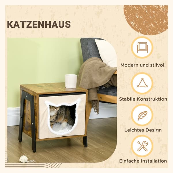 Kattekurv med pude, 41x34x43.5 cm, Beige Brun