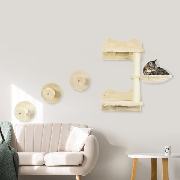 Kissan torni, 3 raapimispaalulla, kiipeilyseinällä & riippumatolla, 40x28x73 cm, beige