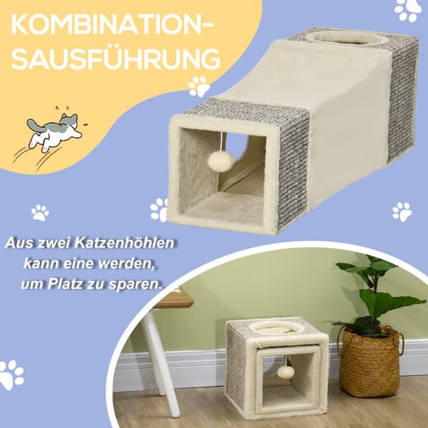 Kat-tunnel med legebold, 98x30x30 cm, Brun+Beige