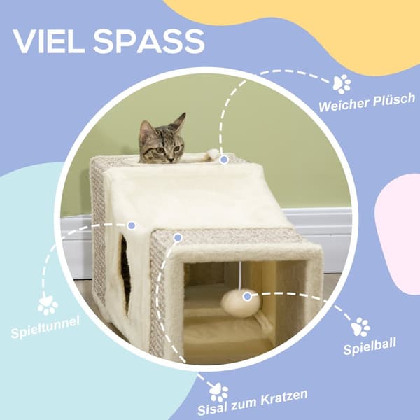 Kat-tunnel med legebold, 98x30x30 cm, Brun+Beige