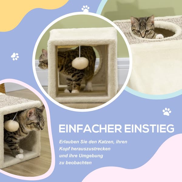 Kat-tunnel med legebold, 98x30x30 cm, Brun+Beige