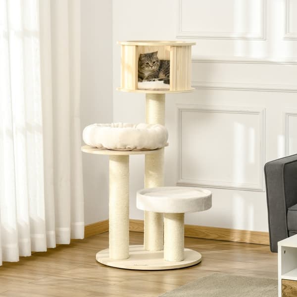 Kissapuu, kissaluolalla, 59,5P x 59,5L x 122K cm, luonnonväri+kerma