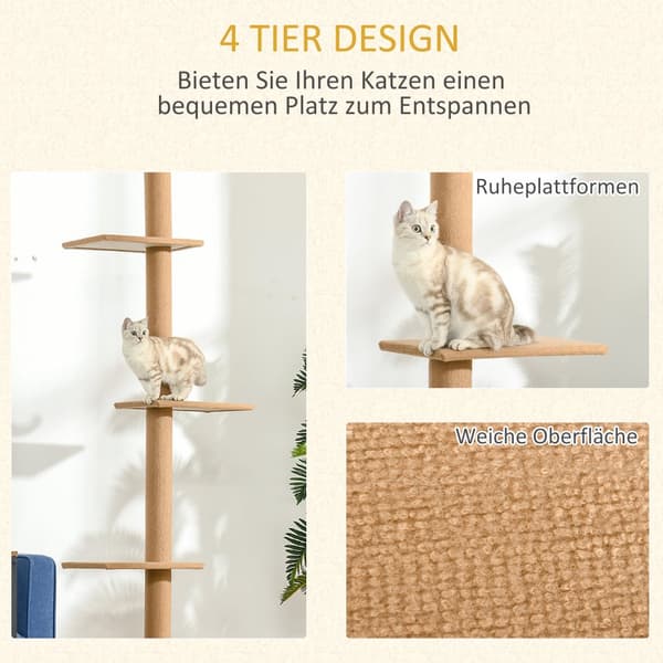Justerbart Højde Katte Træ, 43x27x228-260 cm, Lys Brun