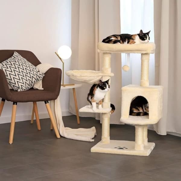Kattträd - lionto - Klättra - Höjd 93 cm - Beige - Sisal och plysch