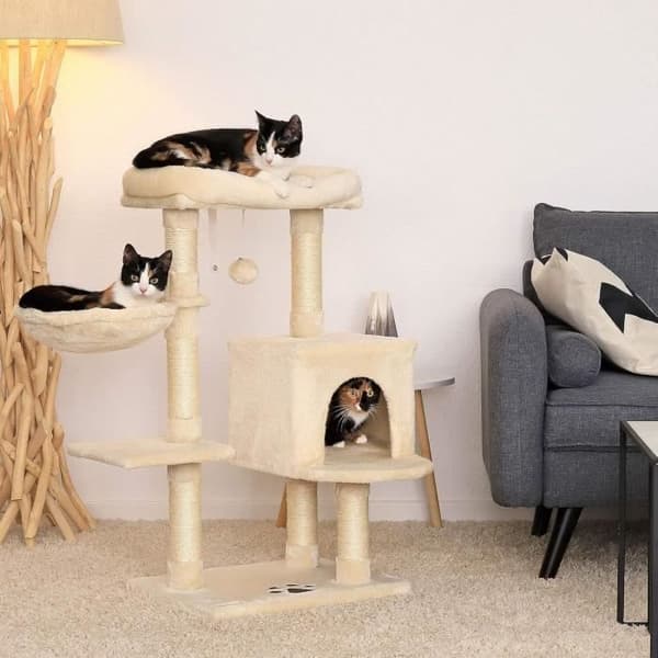Kattträd - lionto - Klättra - Höjd 93 cm - Beige - Sisal och plysch