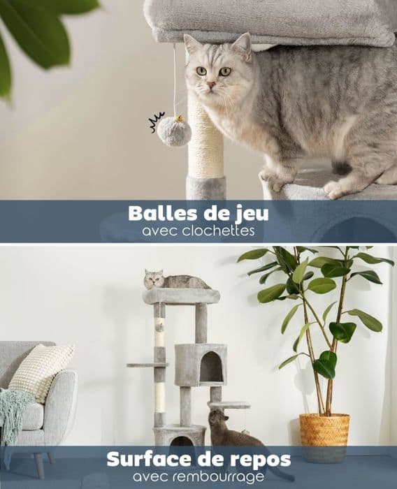 Lionto - KB00770 - Klätterträd för Katt med Lekbollar och sisal Höjd 115 cm, Ljusgrå