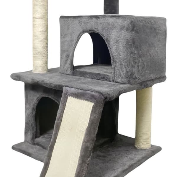 FLOPI Mørkegråt Kradsetræ - 44,5 x 48 x 86 cm - Mørkegrå - 1 Platform, 1 Legebold, 2 Kenneler, 1 Rampe