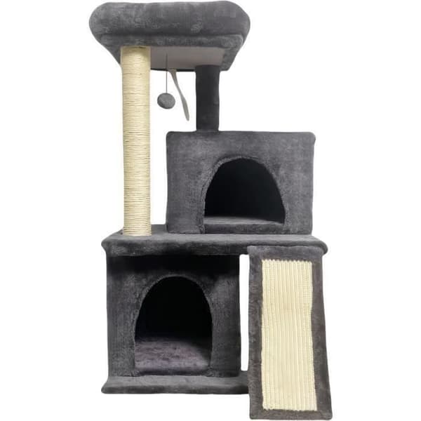 FLOPI Mørkegråt Kradsetræ - 44,5 x 48 x 86 cm - Mørkegrå - 1 Platform, 1 Legebold, 2 Kenneler, 1 Rampe