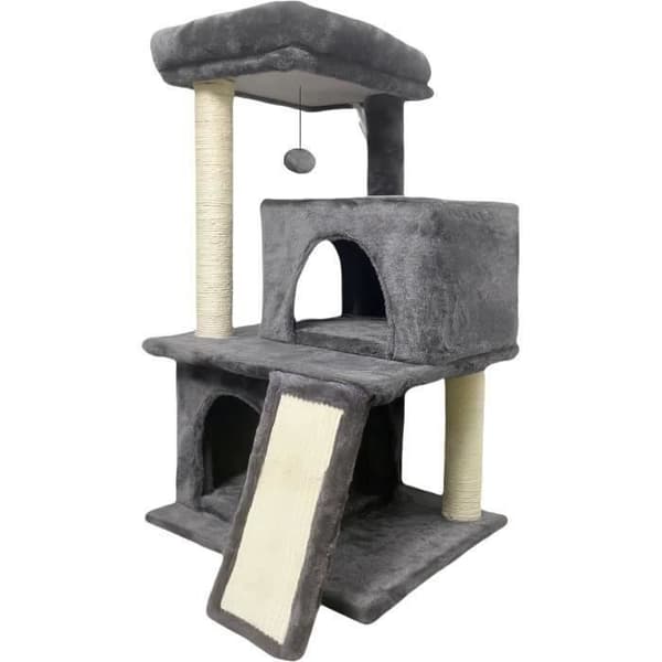 FLOPI Mørkegråt Kradsetræ - 44,5 x 48 x 86 cm - Mørkegrå - 1 Platform, 1 Legebold, 2 Kenneler, 1 Rampe