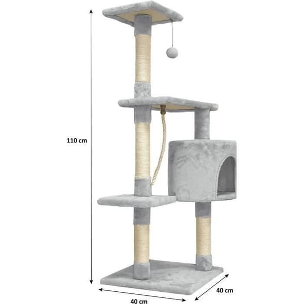 PALOMA Gråt kradsetræ 40 x 40 x 114 cm - 3 platforme, 1 reb, 1 niche, kradsetræer