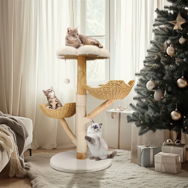 Kattklättringsträd, hållbar träkonstruktion, naturlig design, engagerande aktivitetsfunktioner