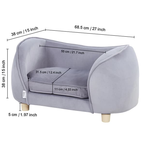 Pet Sofa til Mellemstore Hunde og Katte, Blød Velourpude, Stilfuldt Design,Grå 27x15x15 tommer