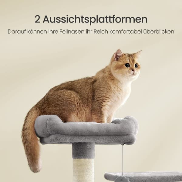 Rootz 155 cm Cat Tree - Scratching Post - Cat Tower - Plush & Sisal - Grey - 49cm x 40cm x 155 cm
