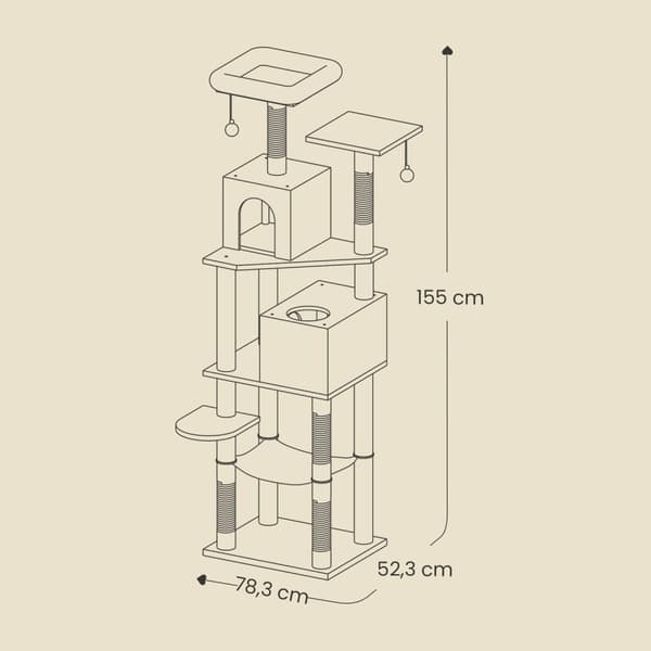 Rootz 155 cm Cat Tree - Scratching Post - Cat Tower - Plush & Sisal - Grey - 49cm x 40cm x 155 cm