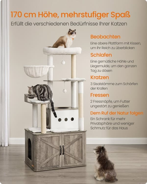 Rootz 170 cm Cat Scratching Post - Kuldkasse Skab - Katstræ - Holdbart spånplade og sisal - Grå, brun - 80 cm x 49 cm x 170 cm