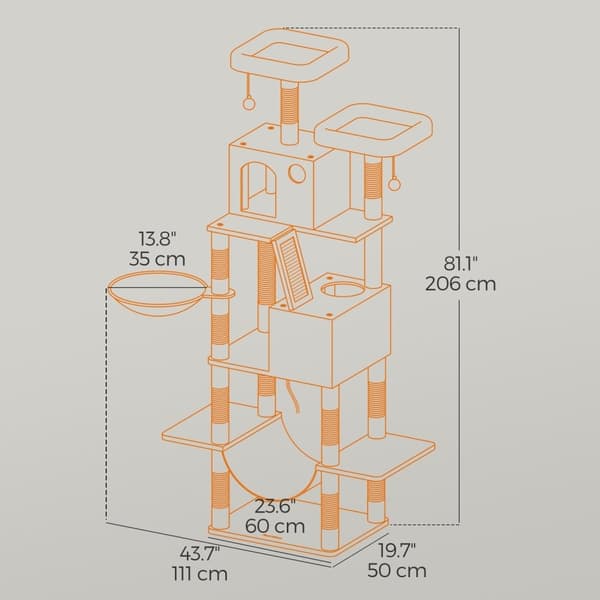 Rootz 206 cm Cat Scratching Tree - Cat Tower - Scratch Post - 13 Scratch Pillars - Space Saving Design - 60cm x 50cm x 206 cm - Perfekt för lekfulla k
