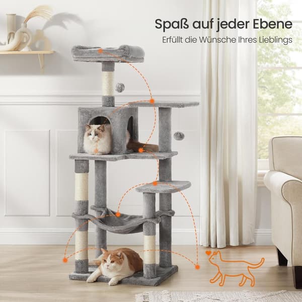 Rootz Cat Scratching Post - Cat Tree - Kitty Tower - Plush Cover - 143 cm High - Cuddly Cave - Relaxation Platform
