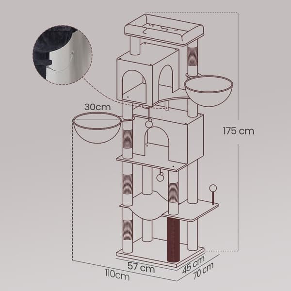 Rootz Cat Scratching Post - Multi-Storey Cat Tree - Kitty Condo - 2 Caves - Durable Sisal - 57cm x 45cm x 175cm